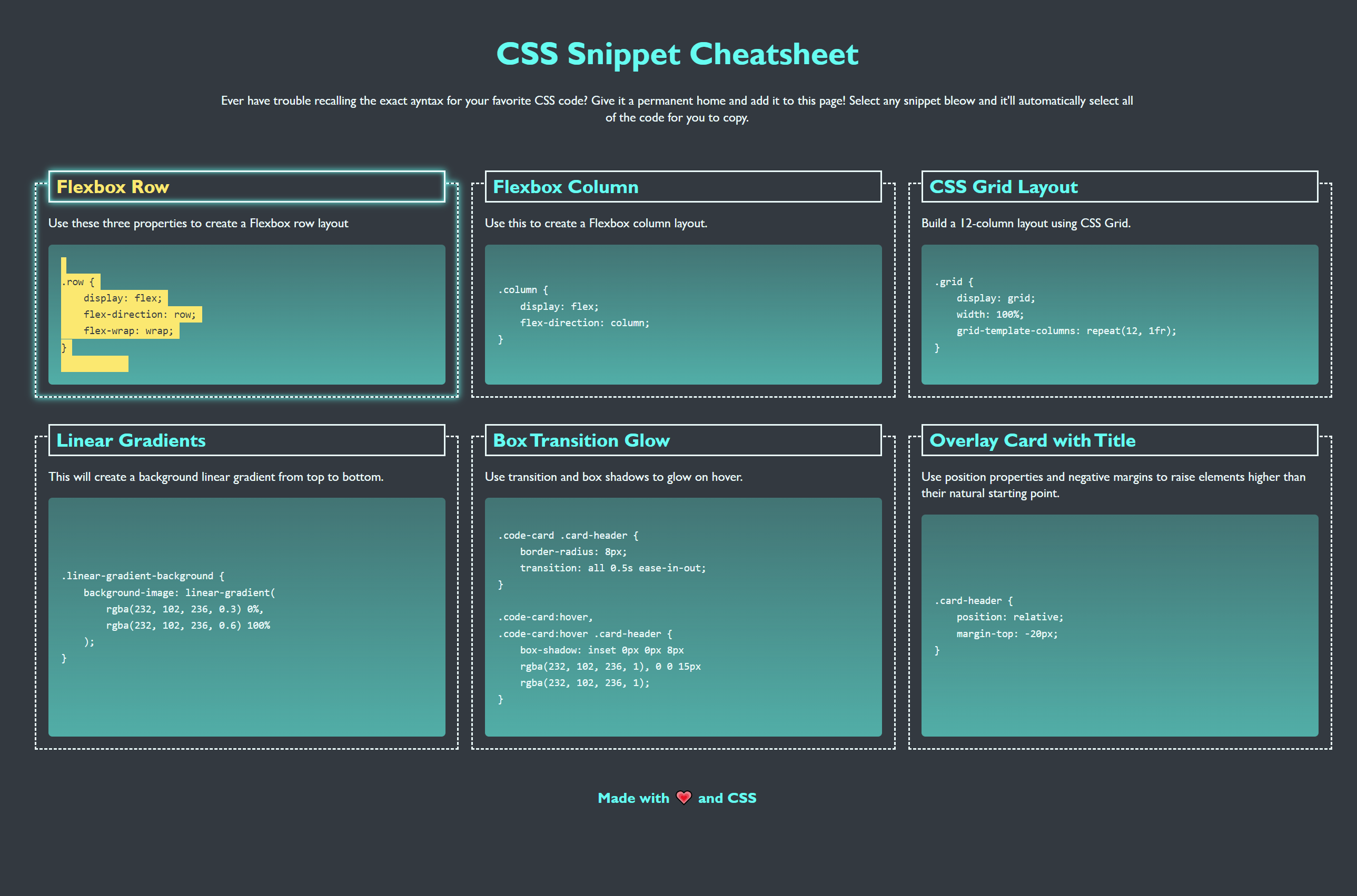 CSS Snippet Cheatsheet